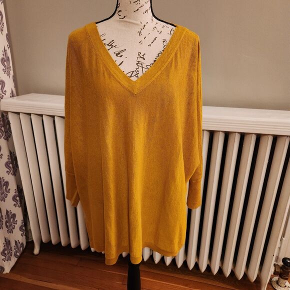 Garnet Hill Mustard Yellow Color 100% Linen Oversize V-Neck Sweater, Sz L - Picture 2 of 10